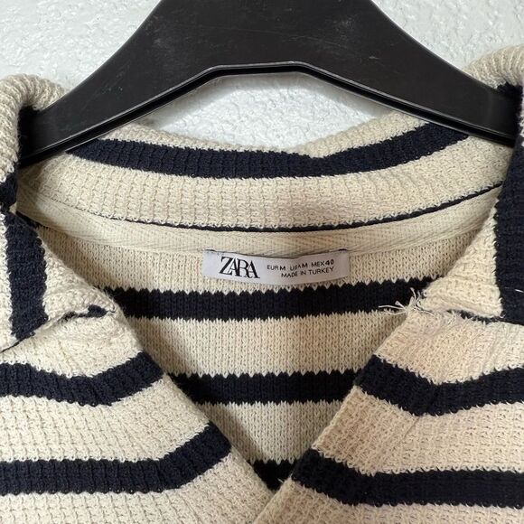 Mens Zara Black and Cream Striped Knit Top Size M - Picture 3 of 4